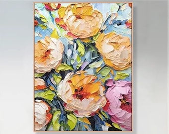 Vibrant Textured Floral Art, Impasto Painting, Richly Layered Blossoms, Hand-Painted Peony Canvas,Luxurious Garden Artwork, Customizable Art