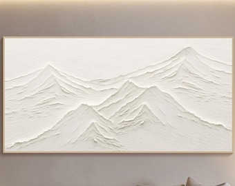 Original 3D White Mountain Painting on Canvas Framed Plaster Style Textured Wall Art Ivory Wabi-Sabi Living Room Decor Boho Modern Canvas