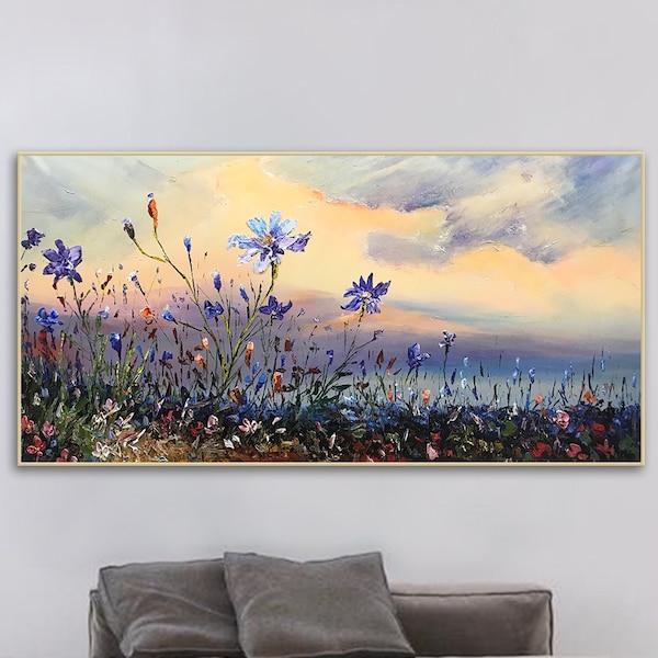 Blumen-Ölgemälde auf Leinwand Abstrakte Lila Orchidee Blumenmalerei Blumenwandkunst Berg-Sonnenuntergang-Glühmalerei Wohnzimmer-Wanddekor