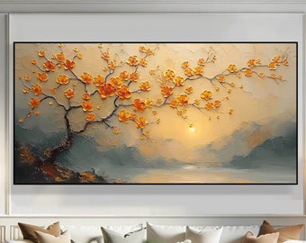 Dipinto 3D con fiori di ciliegio strutturato, arte su tela con bagliore del tramonto, decorazioni murali floreali dipinte a mano, opere d'arte ad albero, decorazioni per la casa moderne arancione oro