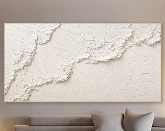 3D White Minimalist Beach Painting Textured Wall Art Ocean Wave Painting on Canvas Wabi-Sabi Wall Art Living Room Painting Fashion Decor