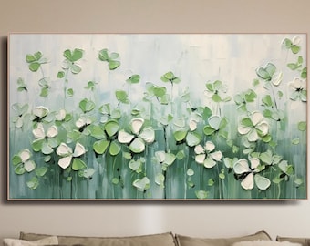 Toile verte trèfle à quatre feuilles, oeuvre d'art botanique luxuriante, oeuvre d'art murale nature paisible pour salon peinture apaisante sur toile décoration d'intérieur tendance