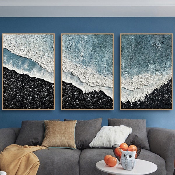 Originale 3D Ocean Wave Pittura su tela Minimalista Texture Wall Art Trittico Nero Bianco Wabi-Sabi Wall Art Soggiorno Pannello Home Deocr