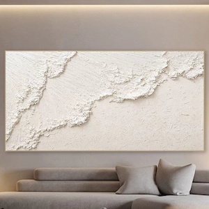 3D White Minimalist Beach Painting Textured Wall Art Ocean Wave Painting on Canvas Wabi-Sabi Wall Art Living Room Painting Fashion Decor
