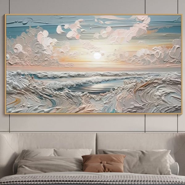 Lever du soleil sur l'océan, peinture d'art mural texturé Grande peinture côtière sur toile, peinture de paysage de mer, peinture de paysage au lever du soleil, peinture de salon, art mural