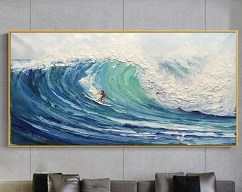 Original Blue Waves Painting on Canvas Textured Wall Art Surfing Painting surfing Art Surfer Gifts Custom Canvas Wall Art Personalized Gift