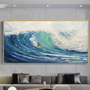 Pintura original de ondas azuis em tela texturizada, arte de parede, pintura de surfe, arte de surfe, presentes para surfistas, arte de parede em tela personalizada, presente personalizado