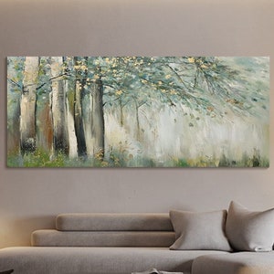 Original Green Gold Forest Painting On Canvas 3D Abstract Textured Wall Art Skyward View Trees Art Living Room Art Natural Scenery Painting image 2