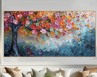 Dipinto originale colorato albero torre fiorito su tela 3D strutturato arte della parete pittura floreale soggiorno arte della parete pittura di paesaggi naturali