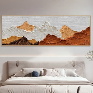 Original 3D Framed Plaster Style Terracotta Textured Wall Art Wabi-Sabi Mountain Painting Burned Orange Living Room Decor Boho Modern Canvas