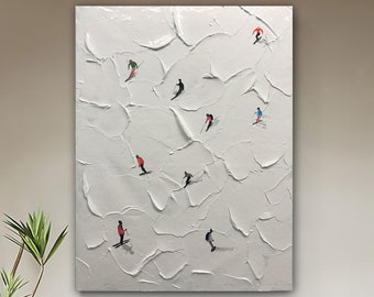 Original Ski Sport Painting on Canvas Textured Wall Art Custom Painting Personalized Gift Skier on Snowy Mountain Art White Snow Skiing Art