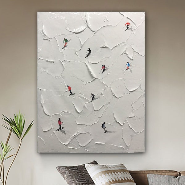 Original Gemälde auf Leinwand Leinwand Strukturierte Kunst Individuelle Malerei personalisierte Geschenk Skifahrer auf verschneiten Berg Kunst weißer Schnee Ski fahren Kunst