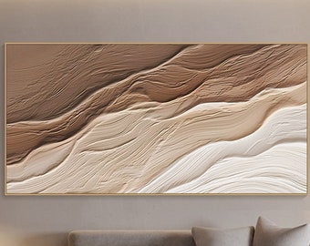 3D Textured Ocean Painting: Minimalist Earth Tone Waves Canvas Art