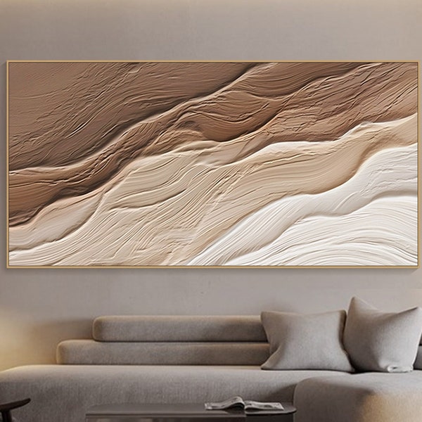 3D Textured Ocean Painting: Minimalist Earth Tone Waves Canvas Art
