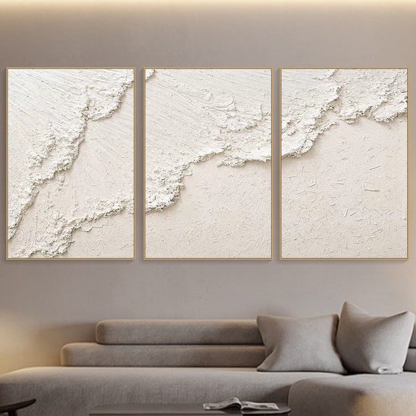 Original 3D White Minimalist Textured Wall Art Triptych Ocean Wave Painting on Canvas Neutural Tone Wabi-Sabi Wall Art Living Room Painting
