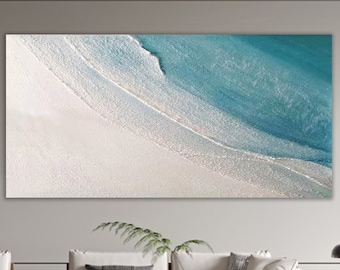 May include: Abstract painting of a white sandy beach with turquoise blue water waves. The painting is a horizontal rectangle with a white background and a blue top.
