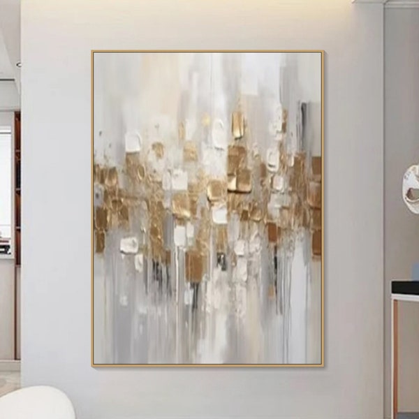 Gold Abstract Paitning on Canvas Textured Wall Art Gold Foil Painting Boho Wall Decor Bright painting Large Modern Art PIanting for Hotel