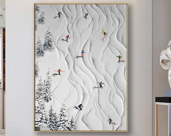 Original Framed 3D  Skiing Sport Art  Plaster Style Textured Wall Art  Personalized Gift For Skiers White Snowboards Paintig Skier Painting