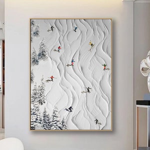 Original Framed 3D Skiing Sport Art Plaster Style Textured Wall Art Personalized Gift For Skiers White Snowboards Paintig Skier Painting image 1
