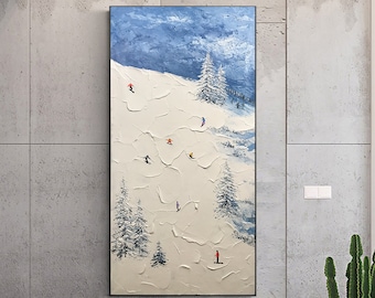 May include: A painting of a snowy mountain scene with skiers and snowboarders. The sky is blue with white clouds. The mountain is covered in white snow and there are trees on the side of the mountain.