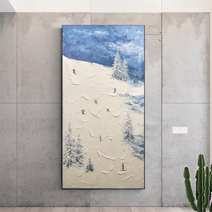 Original Gemälde auf Leinwand Winter Dekor Textur Wandkunst personalisierte Geschenk Skifahrer auf verschneiten Bergen Kunst weiß Schnee Skilaufen Kunst