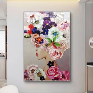 Original Beautiful Girl Painting on Canvas 3D Textured Flower Wall Art Floral Painting A set of 2 Beauty  Wall Art Fashion Decor Modern Art