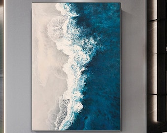 Ocean Painting On Canvas Large Coastal Textured Wall Art  Seascape Painting Blue White Palette Knife  Beach Painting Seashore Sand Canvas