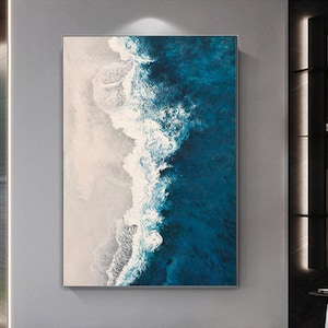 Ocean Painting On Canvas Large Coastal Textured Wall Art  Seascape Painting Blue White Palette Knife  Beach Painting Seashore Sand Canvas