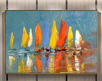 Large Colorful Sailboats Oil Painting on Canvas, Nautical Harbor Art