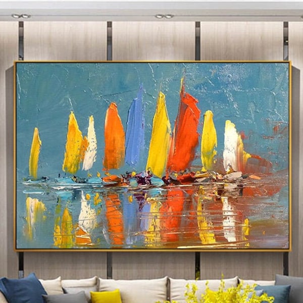 Großes Segelboot-Party-Ölgemälde auf Leinwand, bunte Segelboote und Hafengemälde, nautische Landschaftsmalerei, Schlafzimmergemälde, Sommerdekoration