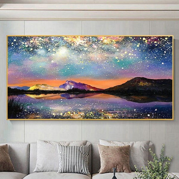 Night Starry Mountain Oil Painting On Canvas Colorful Night Sky Painting Nature Wall Decor Home Decor Spiritual Starry Painting Bedroom Art