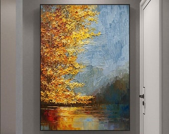 River Landscape Painting Original Oil Painting on Canvas Autumn Painting Trees Wall Art Boho Wall Decor Home Decor Bedroom Decor Fancy Art