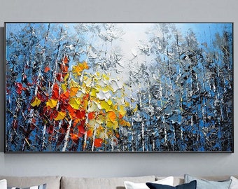 Large Original Oil Painting On Canvas,Blue Sky&Colorful Forest Painting,Living Room Wall Art,Hand-painted Heavy Textured Impasto Painting