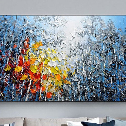 Large Original Oil Painting On Canvas,Blue Sky&Colorful Forest Painting,Living Room Wall Art,Hand-painted Heavy Textured Impasto Painting
