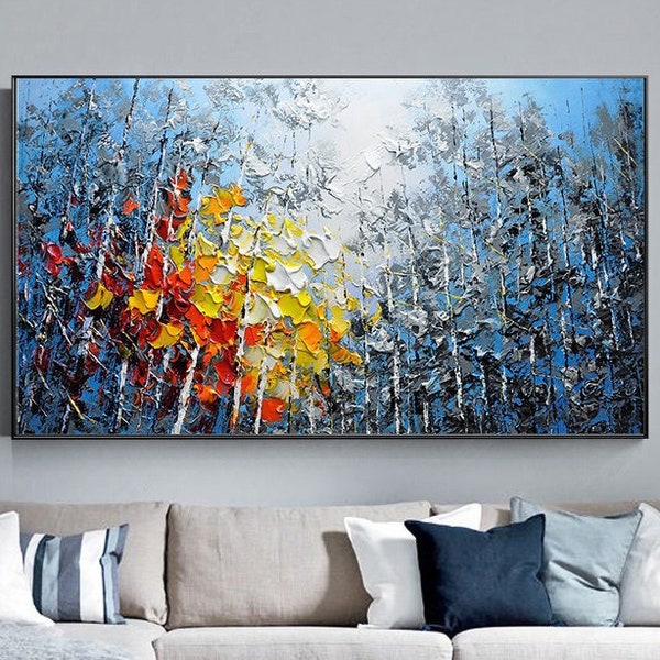 Grande dipinto ad olio originale su tela, cielo blu e foresta colorata, arte della parete del soggiorno, dipinto a mano con impasto pesante e strutturato