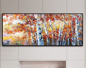 Large Birch Trees Oil Painting On Canvas Boho Wall Decor Autumn Birch Forest Landscape Art Silver Birch Trees Wall Decor Abstract Wall Art