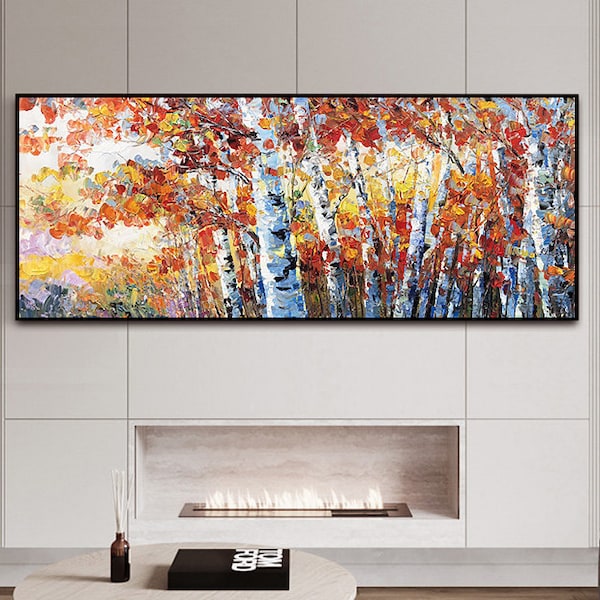 Large Birch Trees Oil Painting On Canvas Boho Wall Decor Autumn Birch Forest Landscape Art Silver Birch Trees Wall Decor Abstract Wall Art