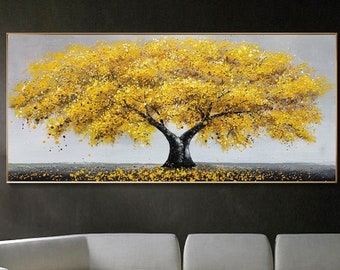 Große Blühende Turm Baum Ölgemälde Auf Leinwand Abstrakte Gelb / Gold Baum Kunstwerk Boho Wand Dekor Home Decor Spirituelle Dekor Schlafzimmer Kunst