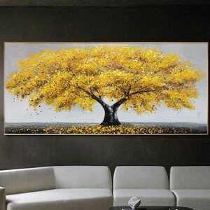 Large Blooming Tower Tree Oil Painting On Canvas Abstract Yellow/ Gold Tree Artwork Boho Wall Decor Home Decor Spiritual Decor Bedroom Art