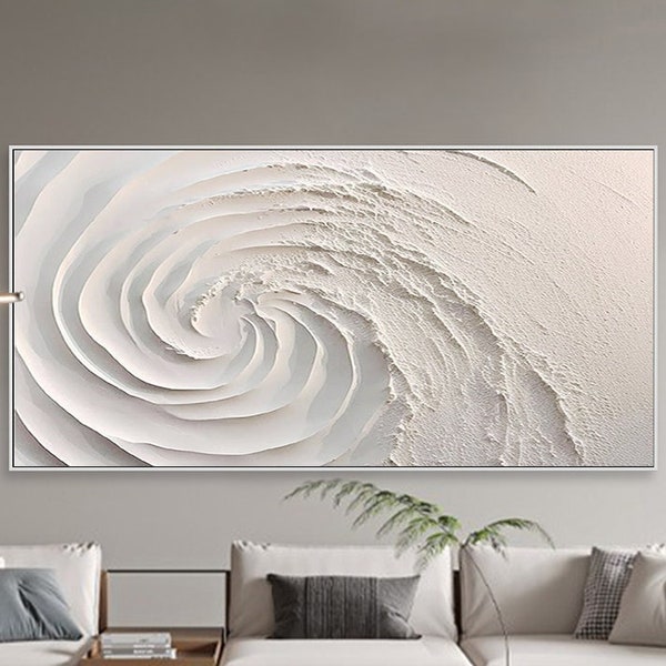 Peinture minimaliste blanche 3D, art mural texturé, peinture vague océanique sur toile, art mural wabi-sabi, peinture de salon, décoration d'intérieur tendance