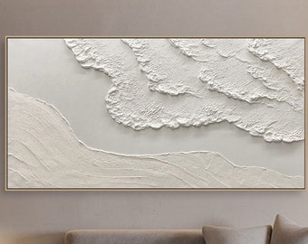 Tableau 3D minimaliste blanc sur la plage, art mural texturé, peinture vagues de l'océan sur toile, art mural wabi-sabi, peinture de salon, décoration de mode