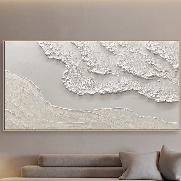 Tableau 3D minimaliste blanc sur la plage, art mural texturé, peinture vagues de l'océan sur toile, art mural wabi-sabi, peinture de salon, décoration de mode