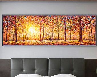 Grande pittura a olio della foresta al tramonto su tela Decorazione della casa Decorazione della parete boho Pittura autunnale colorata Paesaggio Opera Decorazione della parete dell'albero Arte moderna