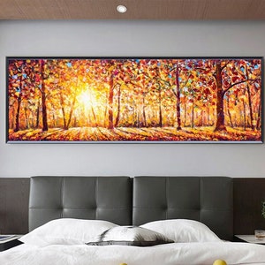 Large Sunset Forest Oil Painting On Canvas Home décor Boho wall decor Colorful Autumn Painting Landscape Artwork Tree Wall Decor Modern Art