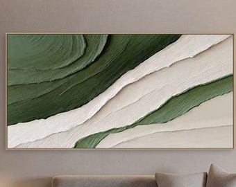 Peinture minimaliste verte 3D de plage, art mural texturé, peinture vagues de l'océan sur toile, art mural wabi-sabi, peinture de salon, décoration de mode