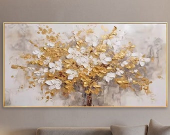 Original Gold White Blooming Tower Tree Painting On Canvas 3D Textured Floral Wall Art Gold Foil Over Sofa Decor Elegant Natural Scenery Art