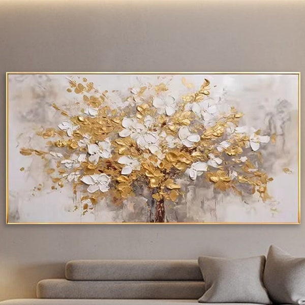 Peinture originale d'arbre de tour fleurie blanche d'or sur la toile 3D d'art de mur texturé Peinture d'arbres de feuille d'or Art de salon Art NaturalPainting