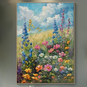 Wildflower Meadow Canvas Art Textured Wall Art Original Floral Oil Painting Colorful Field Flowers Decor Vibrant Blooming Garden Wall Art
