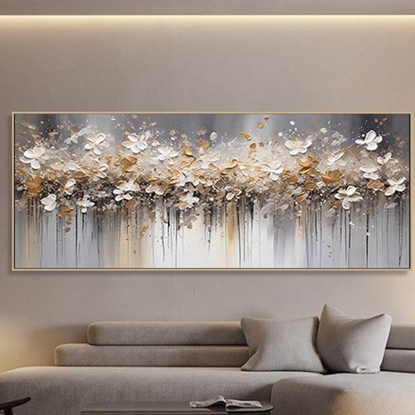 Goud Beige bloem schilderij op canvas textuur muur kunst Trendy Home decor canvas muur kunst Boho muur decor helder schilderij grote moderne kunst