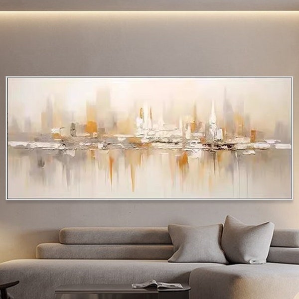 Gold Abstract Cityscape Paitning on Canvas Textured Wall Art Gold Foil Boho Wall Decor Bright Building painting Boho Modern Art for Hotel